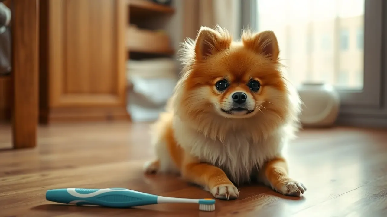 A Pomeranian sits beside a dog toothbrush, as small breeds top dog dental disease statistics