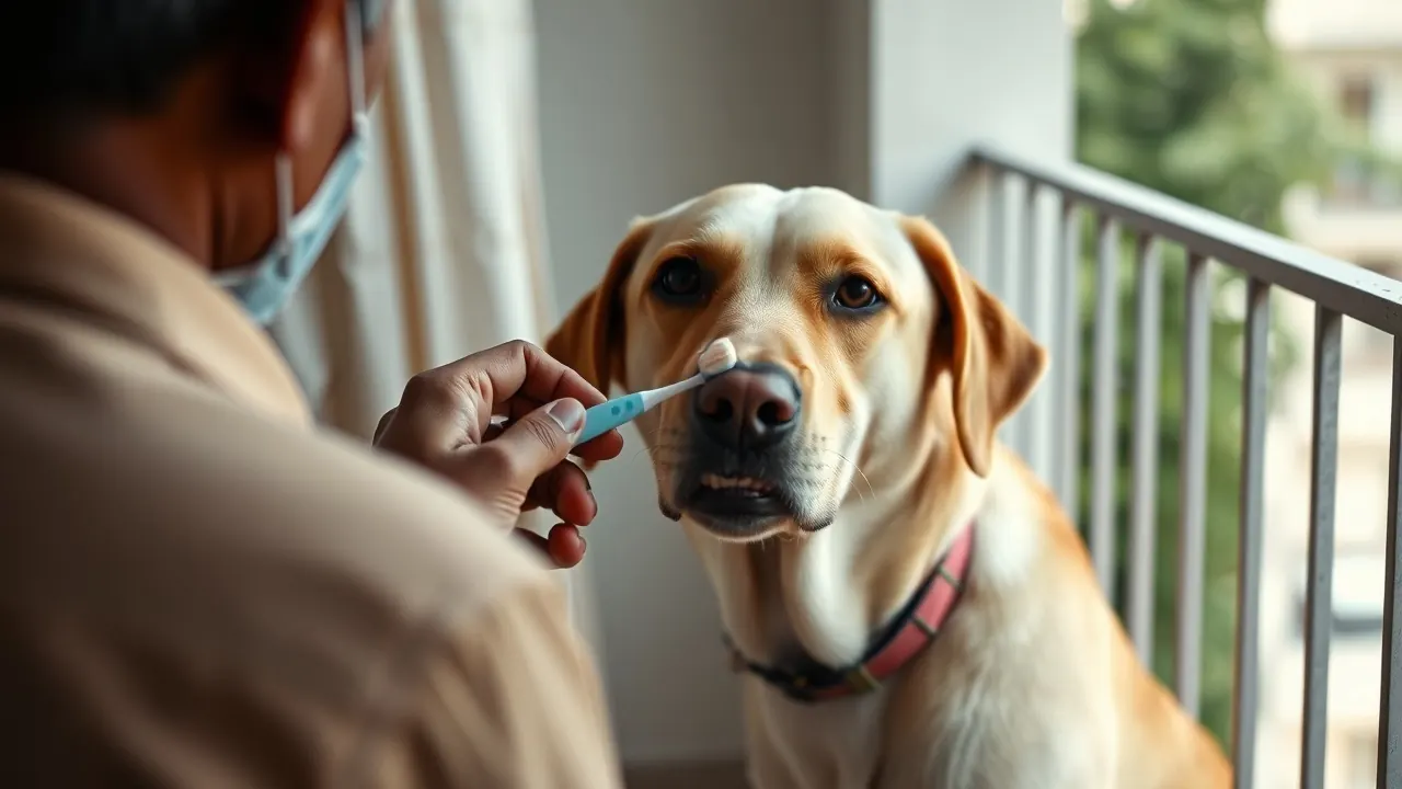 An owner brushes a Labrador at home, the daily habit behind dog teeth cleaning advice