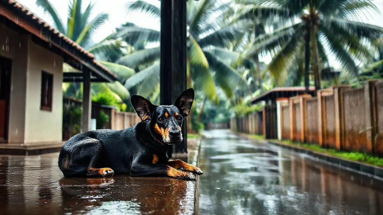 A dog shelters on a Kerala verandah in monsoon rain, when leptospirosis and other dog diseases in India rise