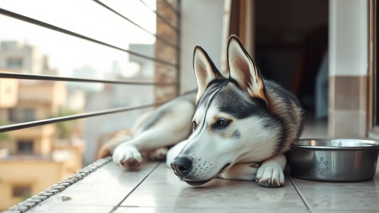 A Husky rests in shade at midday, one breed where dog exercise needs by breed clash with heat