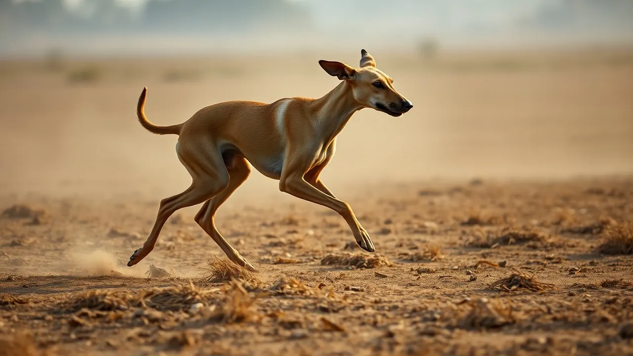 A Mudhol Hound sprints across a field at dawn, an Indian breed with high dog exercise needs by breed