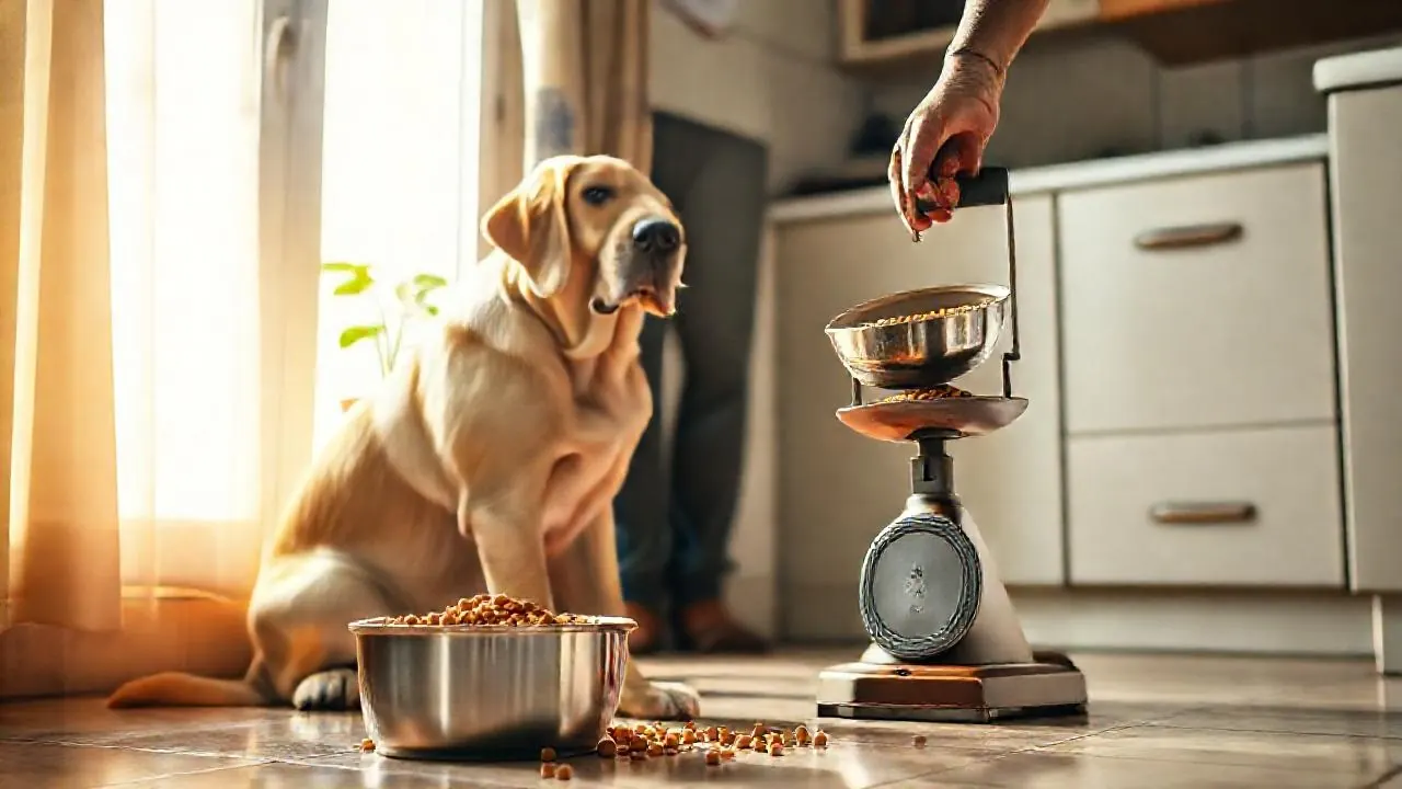 A Labrador sits by a steel bowl while its owner weighs kibble, following a dog feeding chart by weight