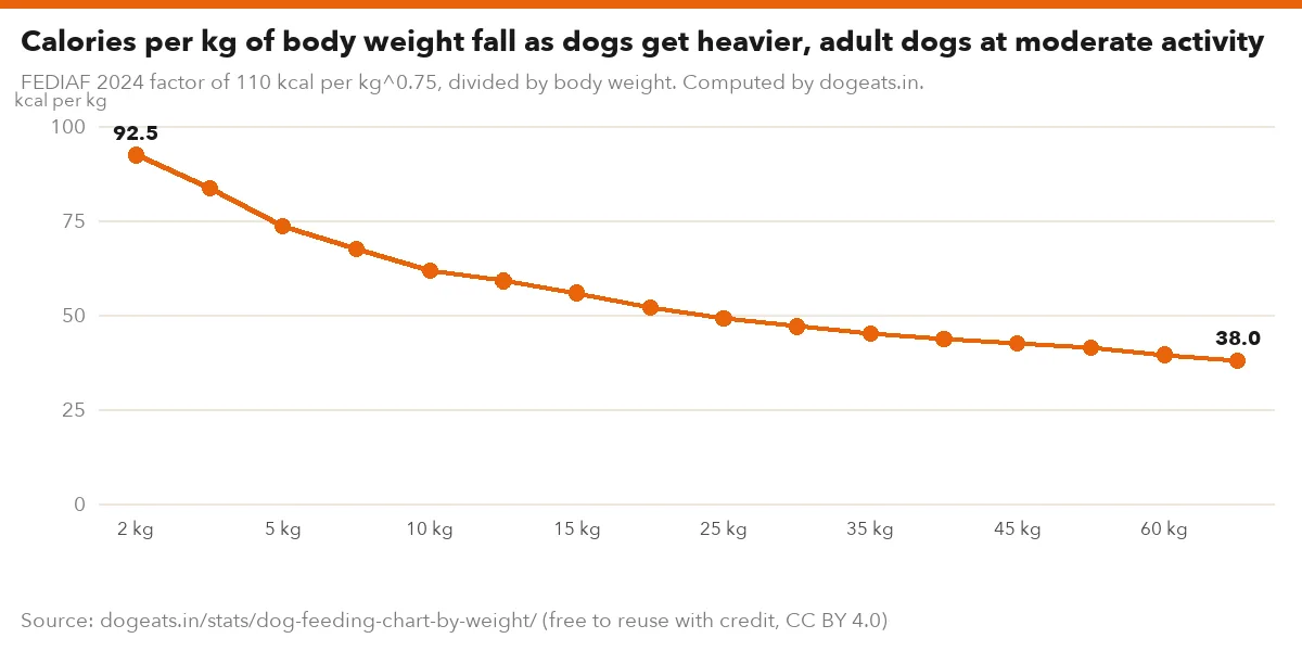 Calories per kg of body weight fall as dogs get heavier, adult dogs at moderate activity