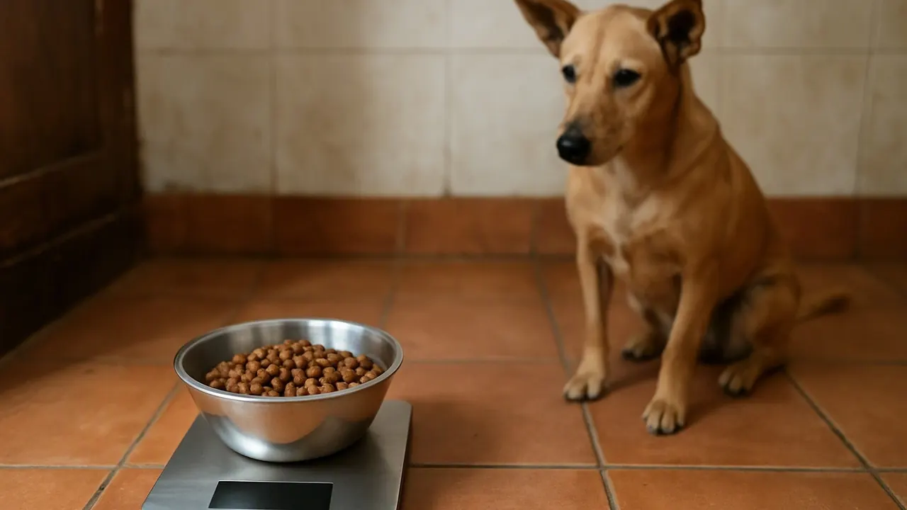 Dry dog food weighed on a kitchen scale, a precise way to follow a dog feeding chart by weight