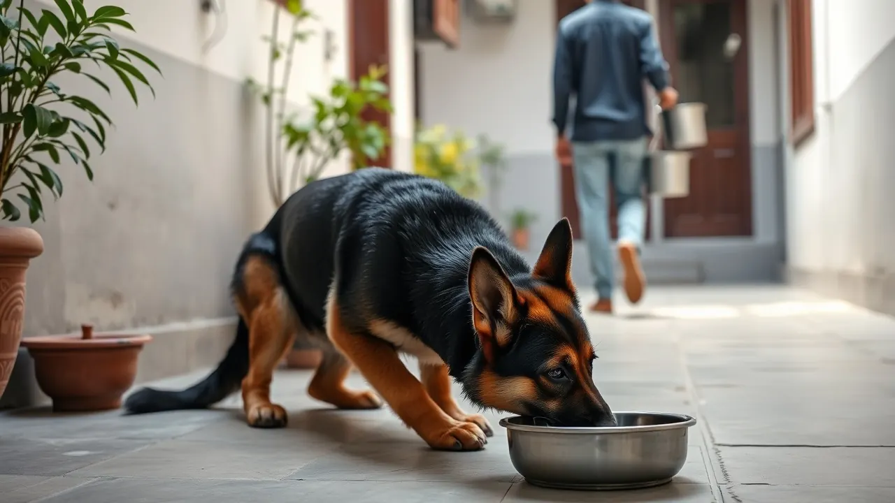 A German Shepherd eats its morning meal from a steel bowl, portioned using a dog feeding chart by weight