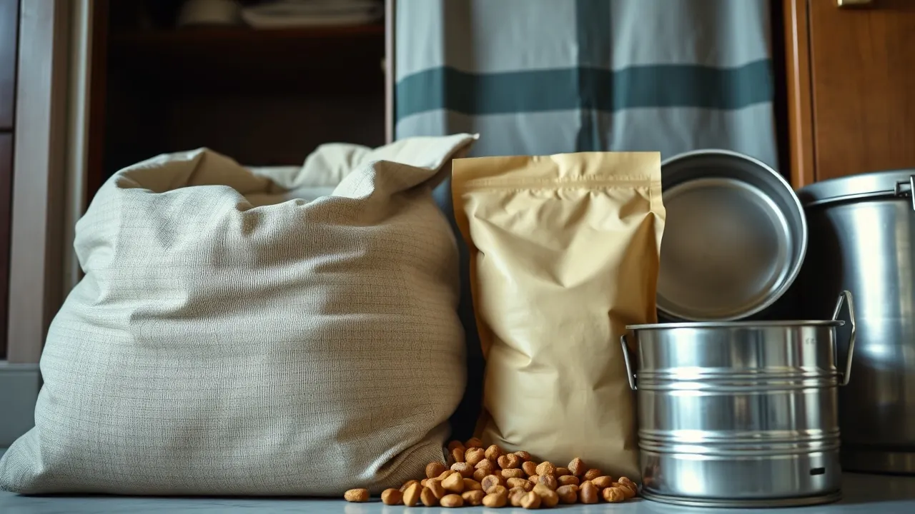 A large kibble sack and a small pouch beside a steel tin, comparing dog food price per kg