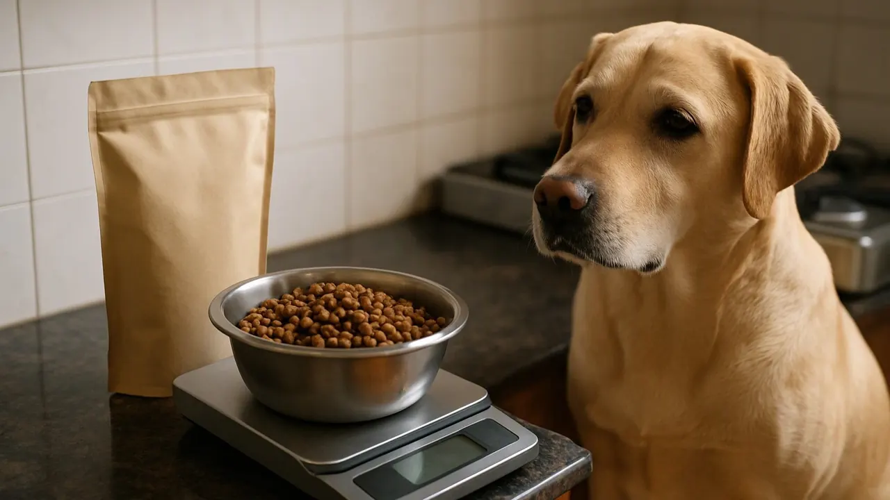 Kibble weighed in a steel bowl on a kitchen scale as a Labrador waits, checking dog food price per month