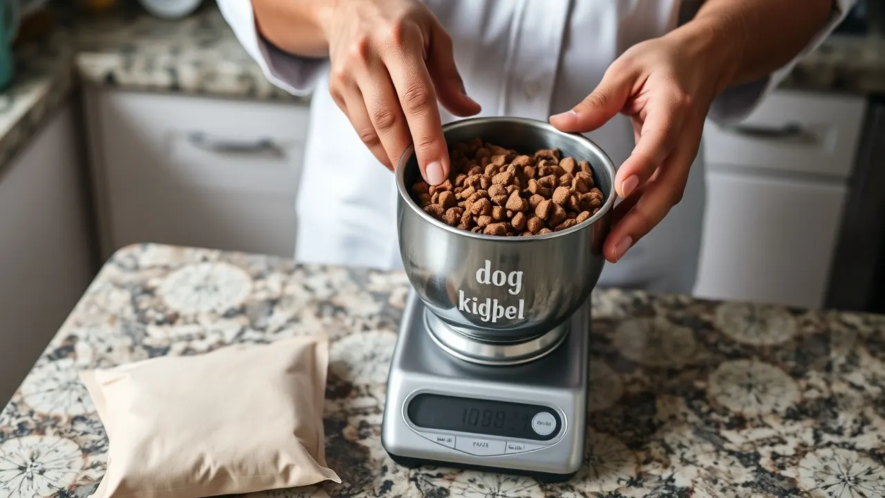 Hands weighing dry kibble on a kitchen scale at home, checking the dog food price per kg
