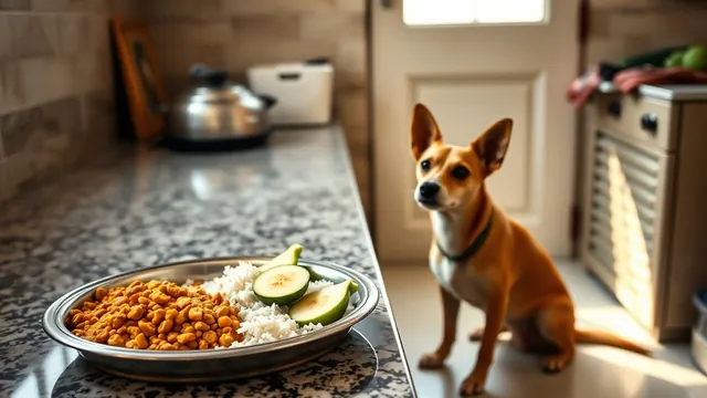 Fawn Indie dog sitting on a kitchen floor beside a counter with dal, rice, guava and banana