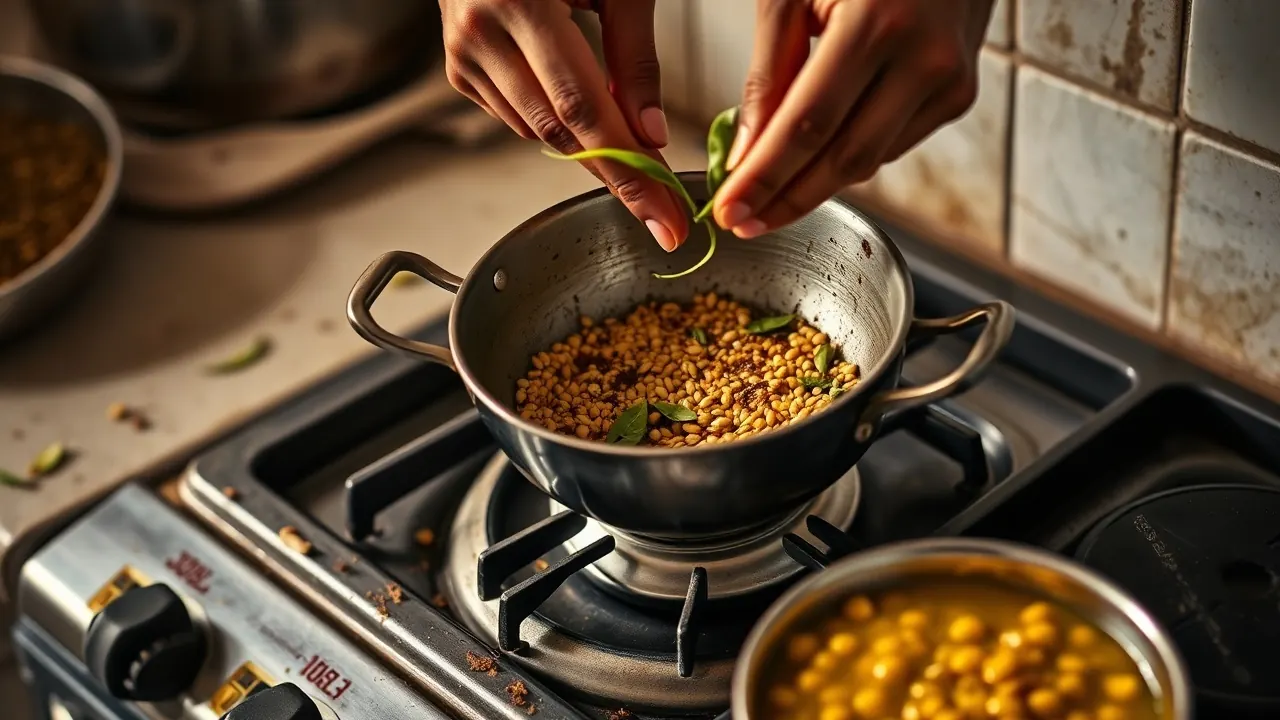 Hands tempering mustard seeds and curry leaves in a small pan beside a bowl of plain dal
