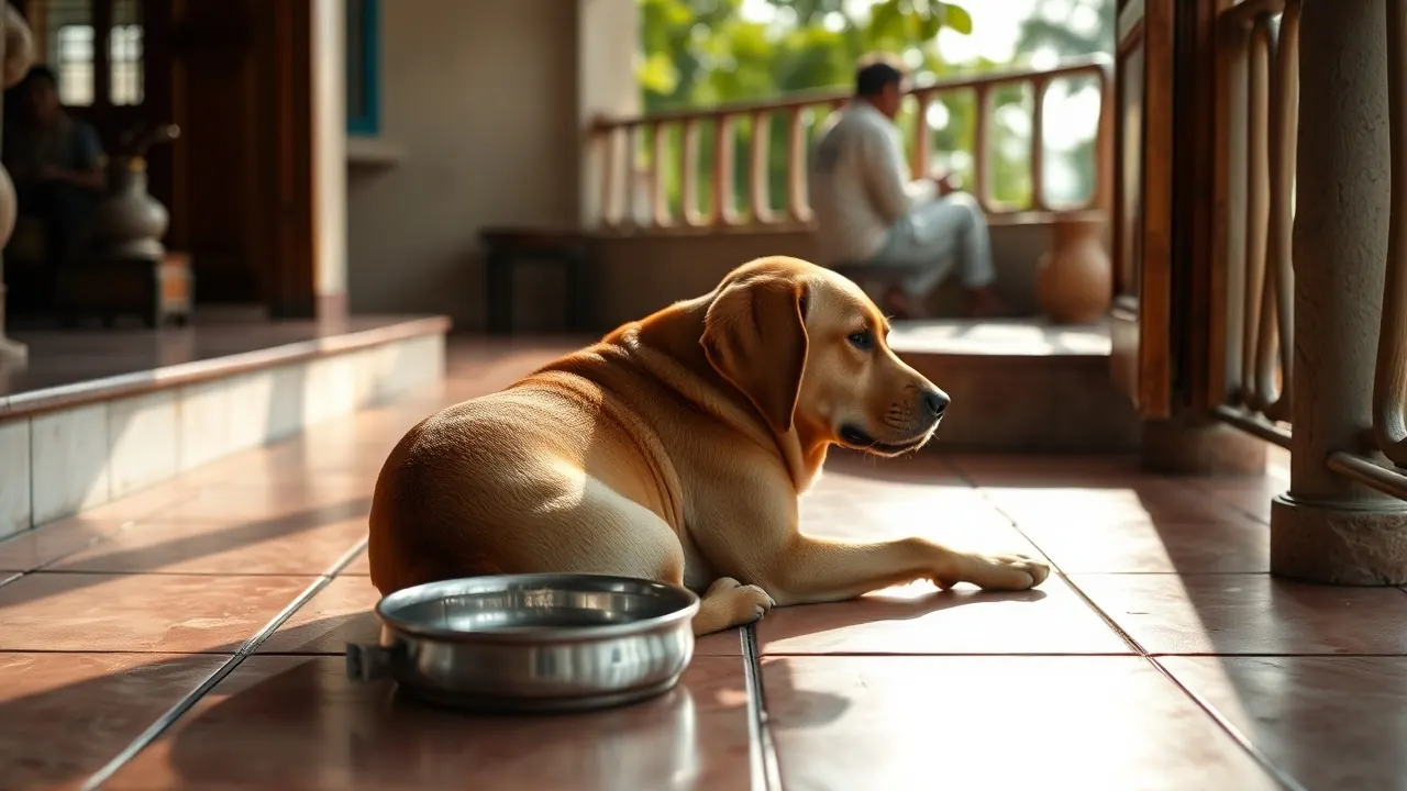 Labrador resting in the shade beside a water bowl, illustrating dog heatstroke data in dog health statistics