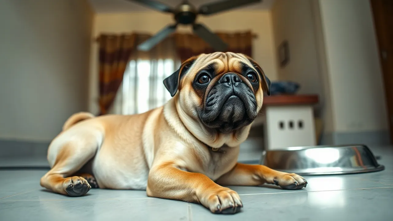A Pug resting on a cool tiled floor indoors, as flat-faced breeds face higher dog heatstroke risk