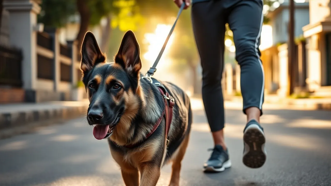 A German Shepherd on an early morning walk in Pune, timed to cut dog heatstroke risk from exercise