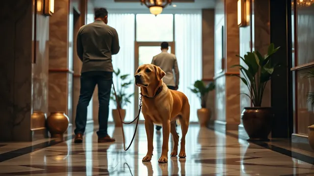 A yellow Labrador waits on a leash beside an open lift in the lobby of an Indian apartment building