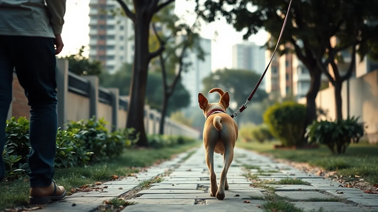 A fawn Indian Pariah dog walks on a slack leash along a garden path in an Indian housing society