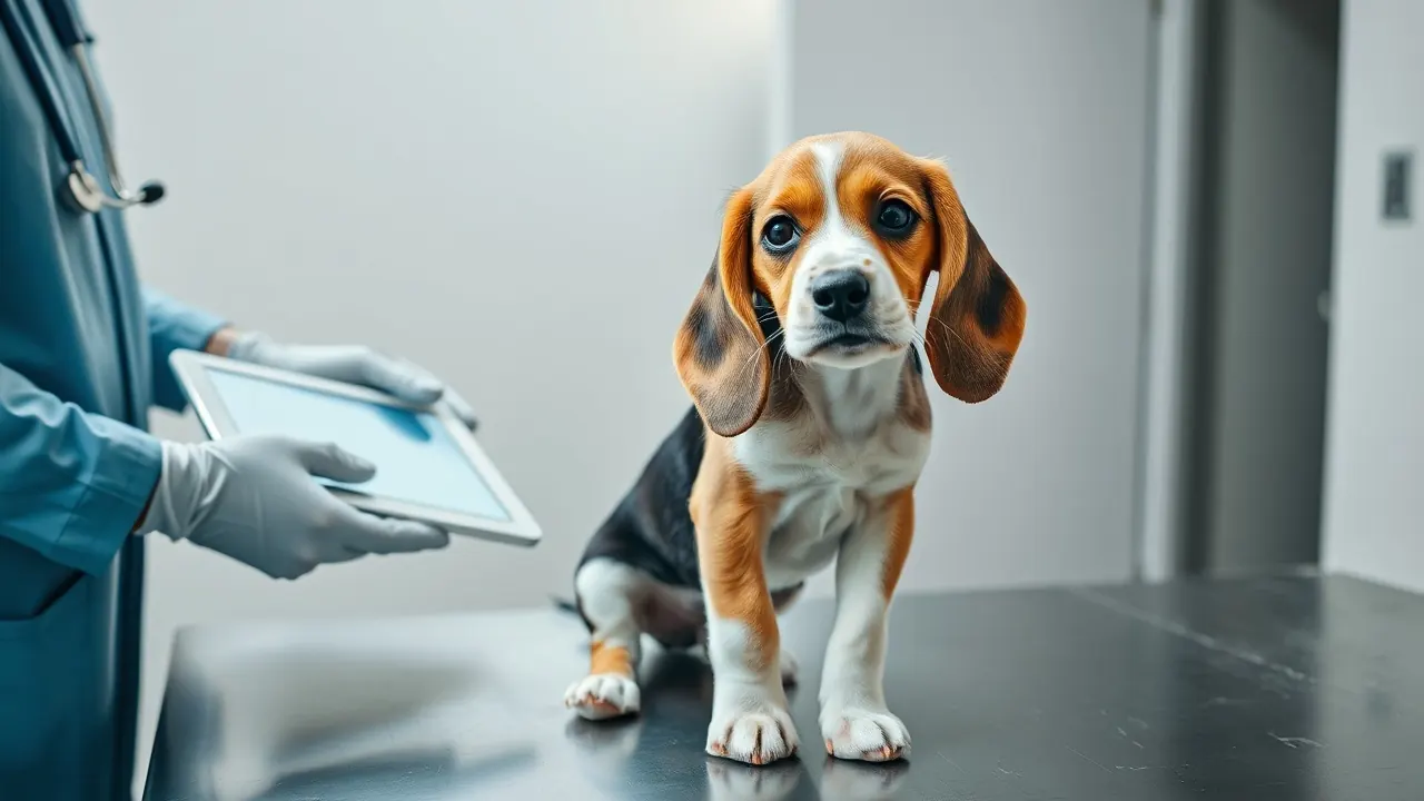 A Beagle puppy sits on a steel clinic table while gloved hands hold a small white tablet near it