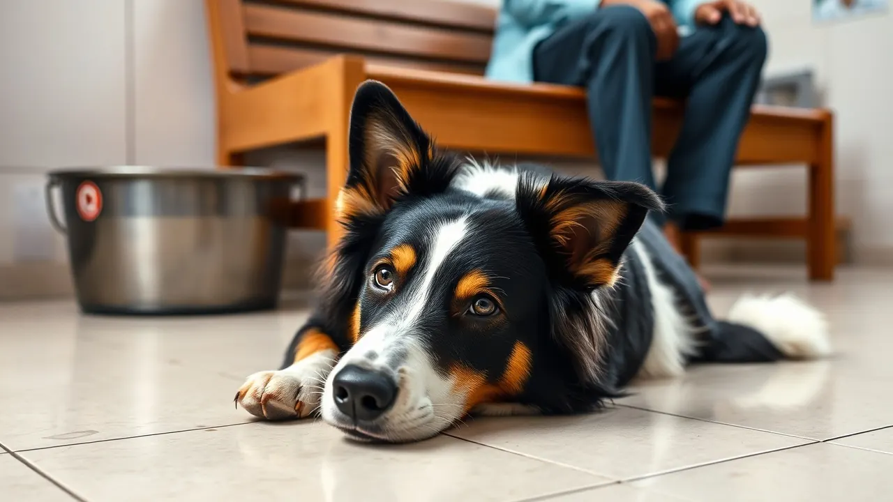 A Border Collie lies calmly on a tiled floor next to a wooden bench in a vet clinic waiting area