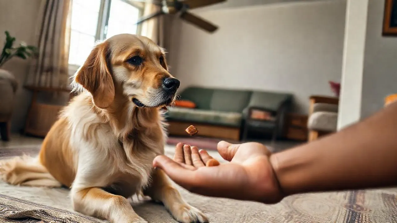 A Golden Retriever takes a brown chewable tablet from an open palm while sitting on a cotton rug at home