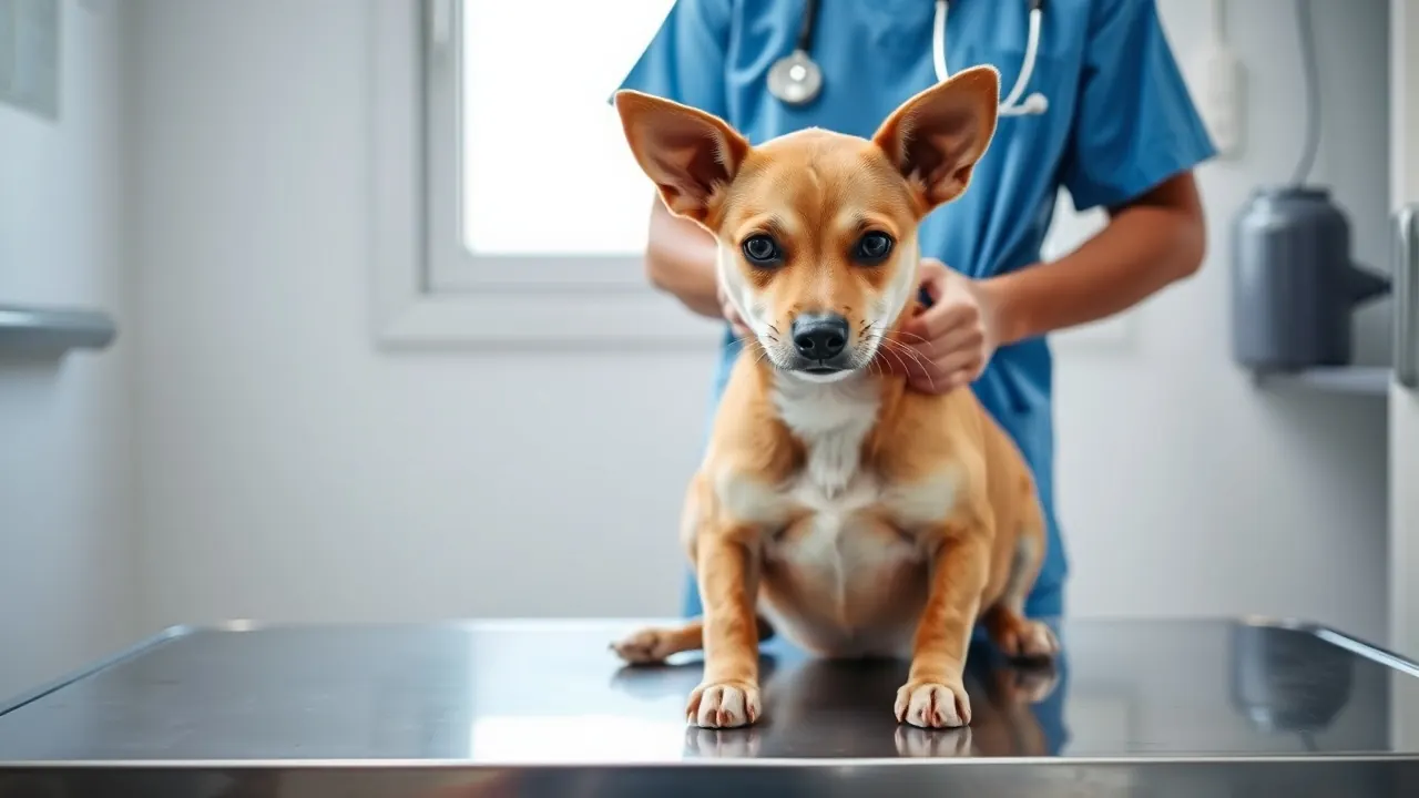 A vet checks a calm young Indian dog before surgery, as owners compare dog spaying cost in India