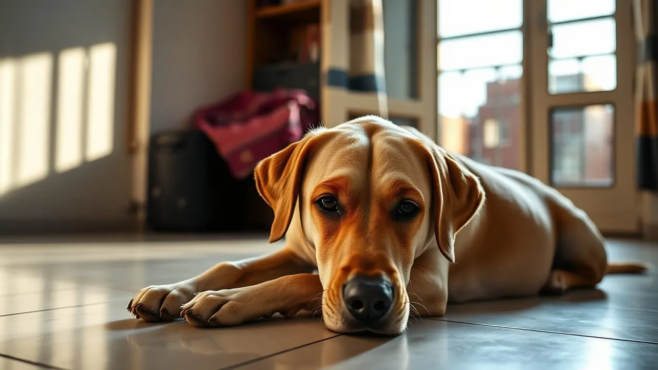 A healthy adult female Labrador rests at home, the kind of dog owners plan spaying and neutering age for