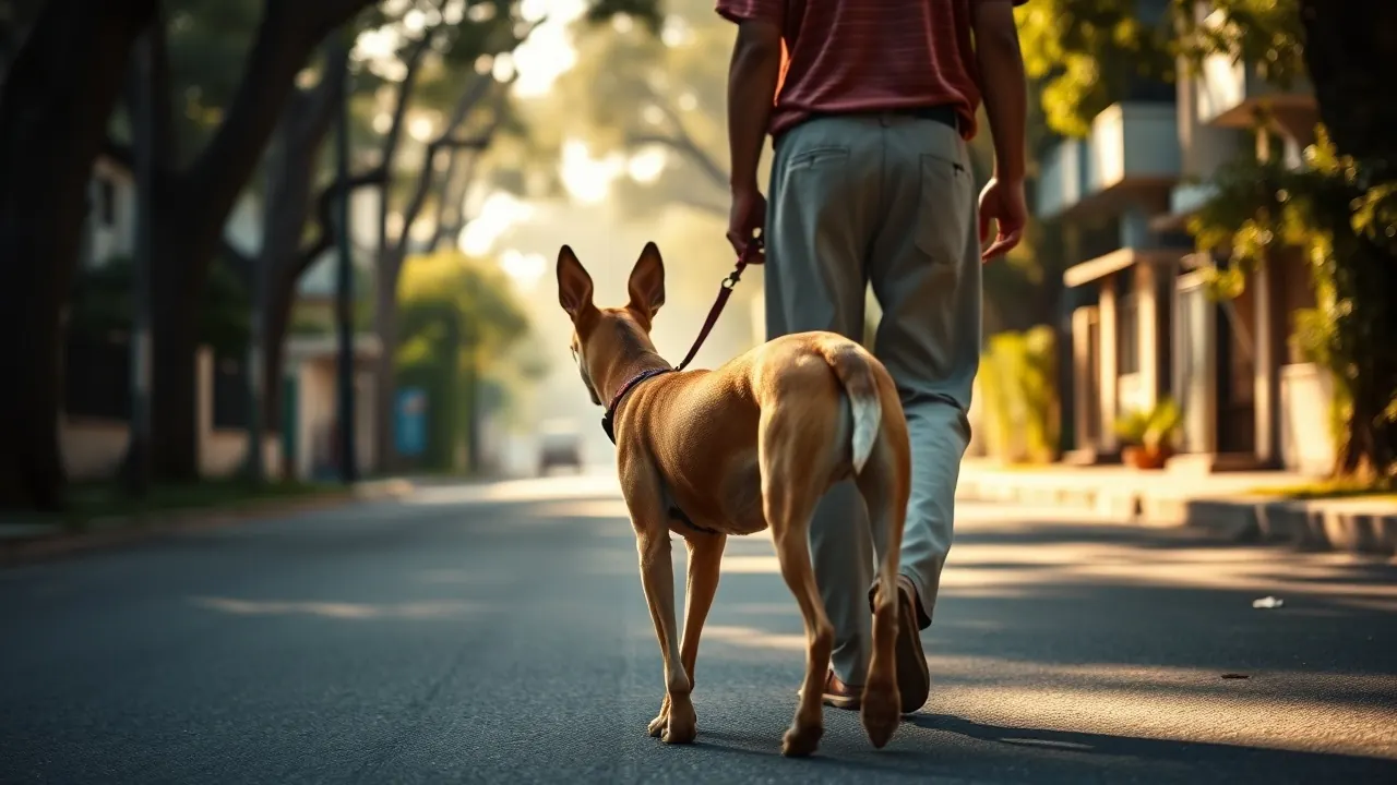 An Indian Pariah dog walks in early morning shade, avoiding heat above the dog normal temperature
