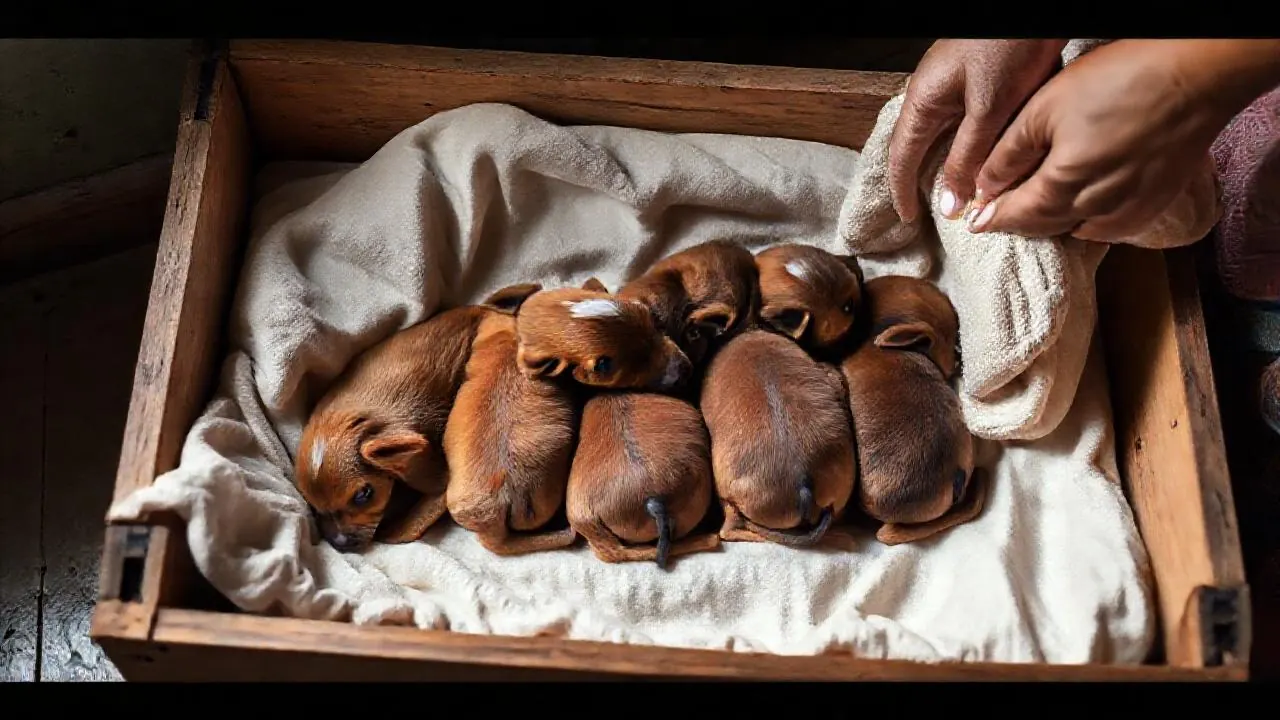 Two-week-old Indian Pariah puppies sleep together in a whelping box, kept warm at a normal dog temperature