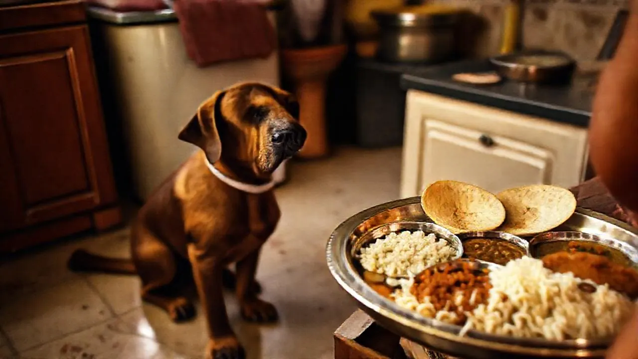 A brown Labrador mix looks up at a thali of rotis and rice, a cause of dog obesity in India
