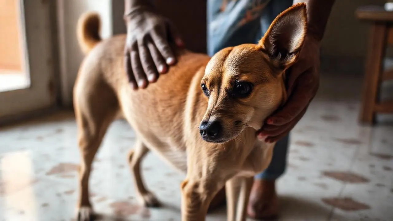Two hands check for dog obesity along the ribs of a standing tan Indian dog