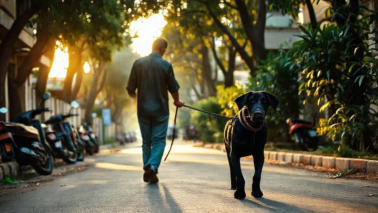 A person seen from behind walks a black Labrador down an Indian colony lane at dawn to prevent dog obesity