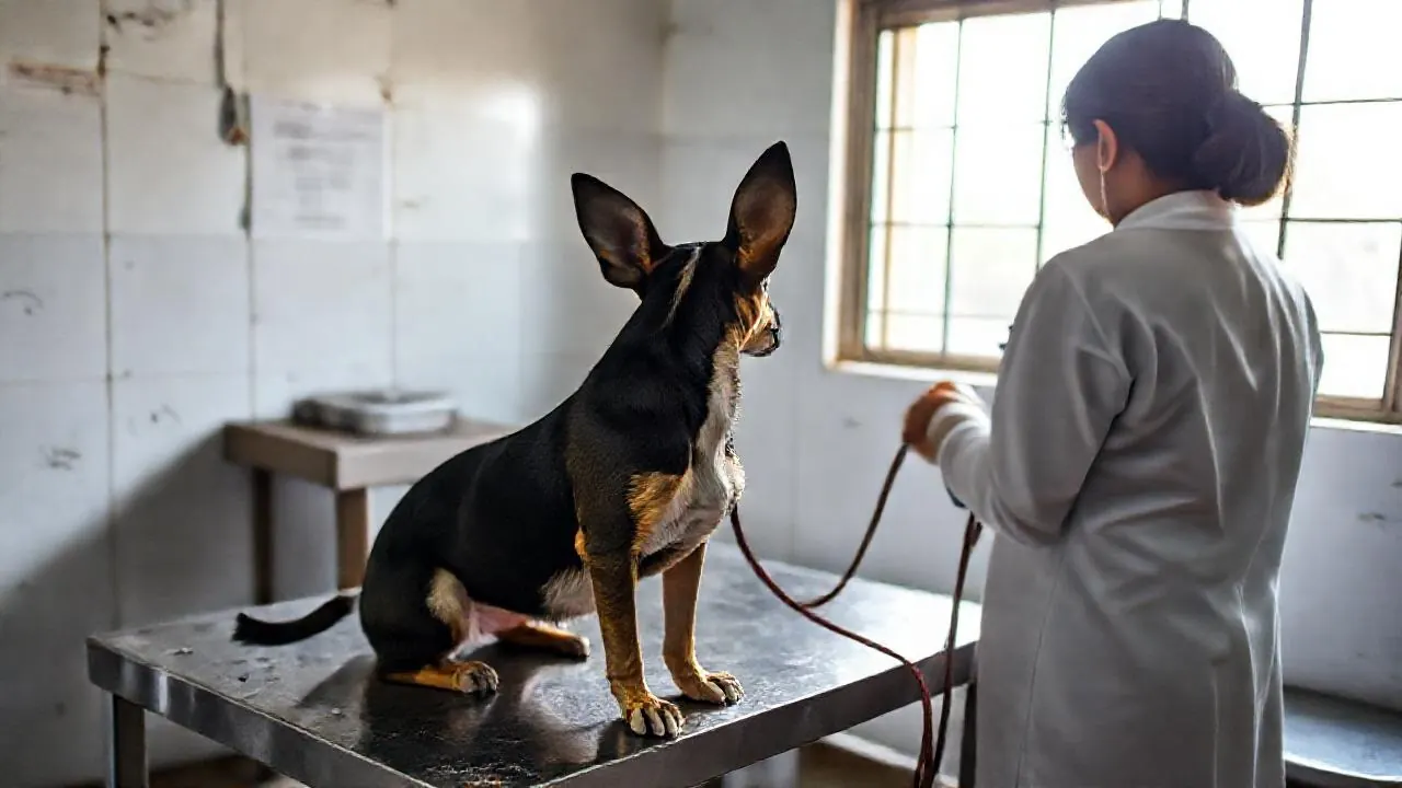 A vet examines a calm Indian community dog at a town clinic, part of India's dog population by country story