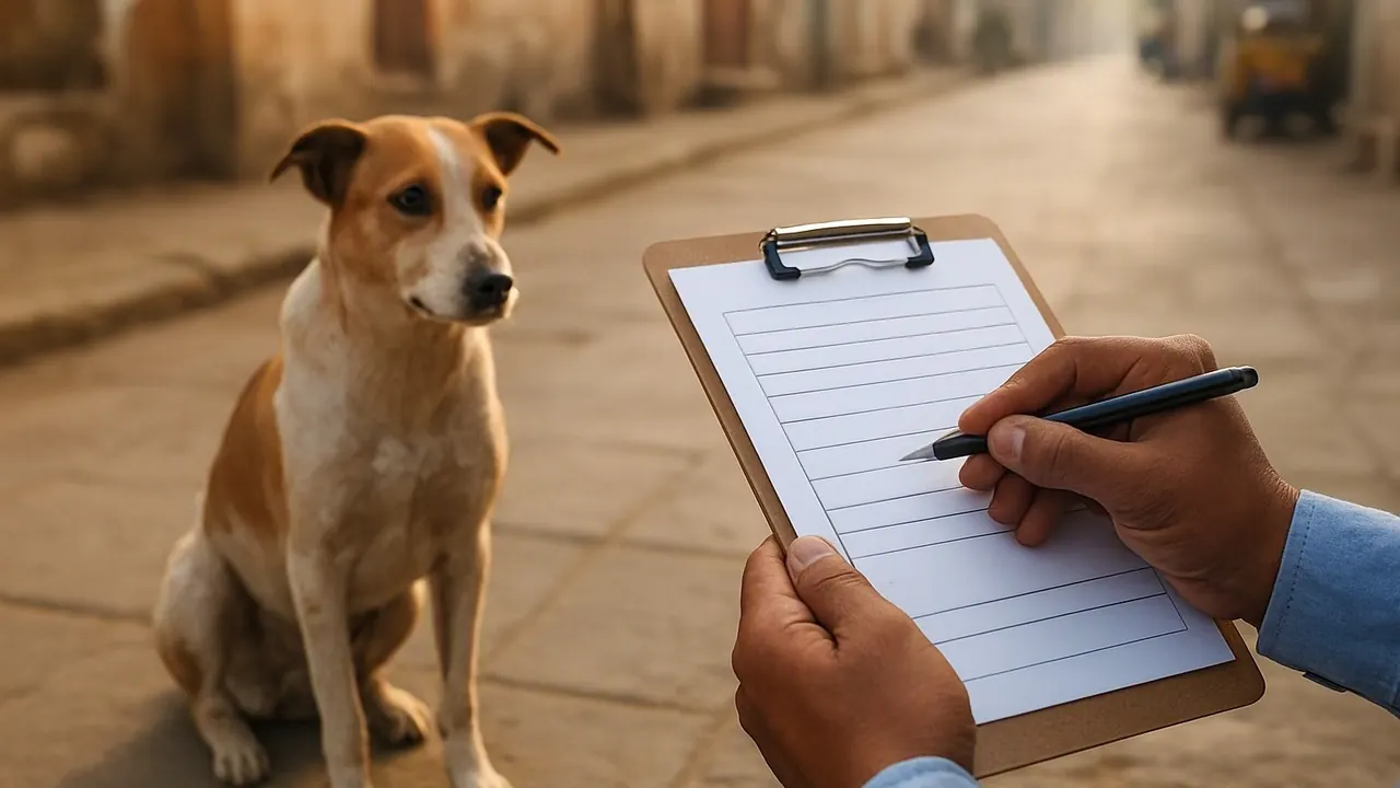 A survey clipboard beside a street dog in India, showing why dog population counts disagree between sources