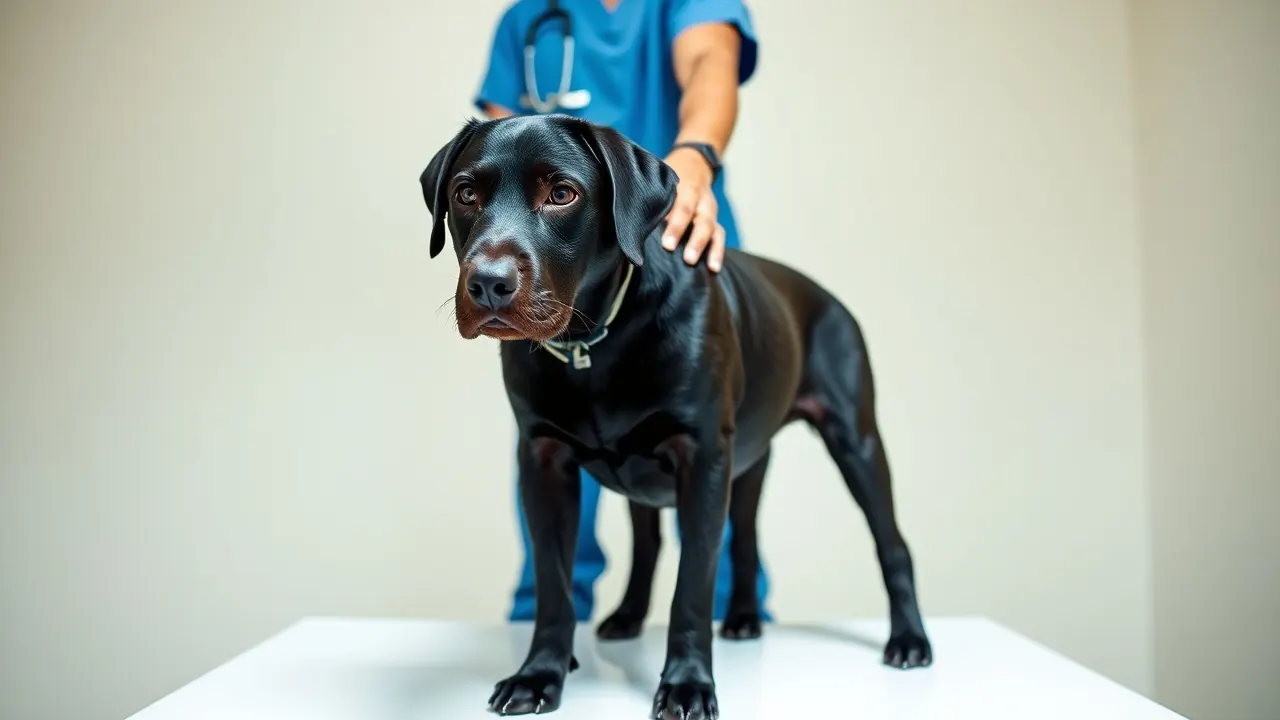 A calm black Labrador at an Indian vet check, a large breed high in dog litter size by breed