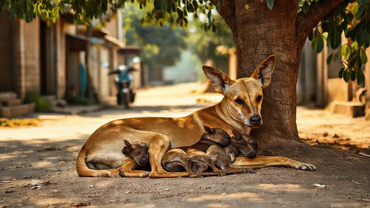 An Indian pariah dog mother with her puppies in Rajasthan, compared with dog litter size by breed data