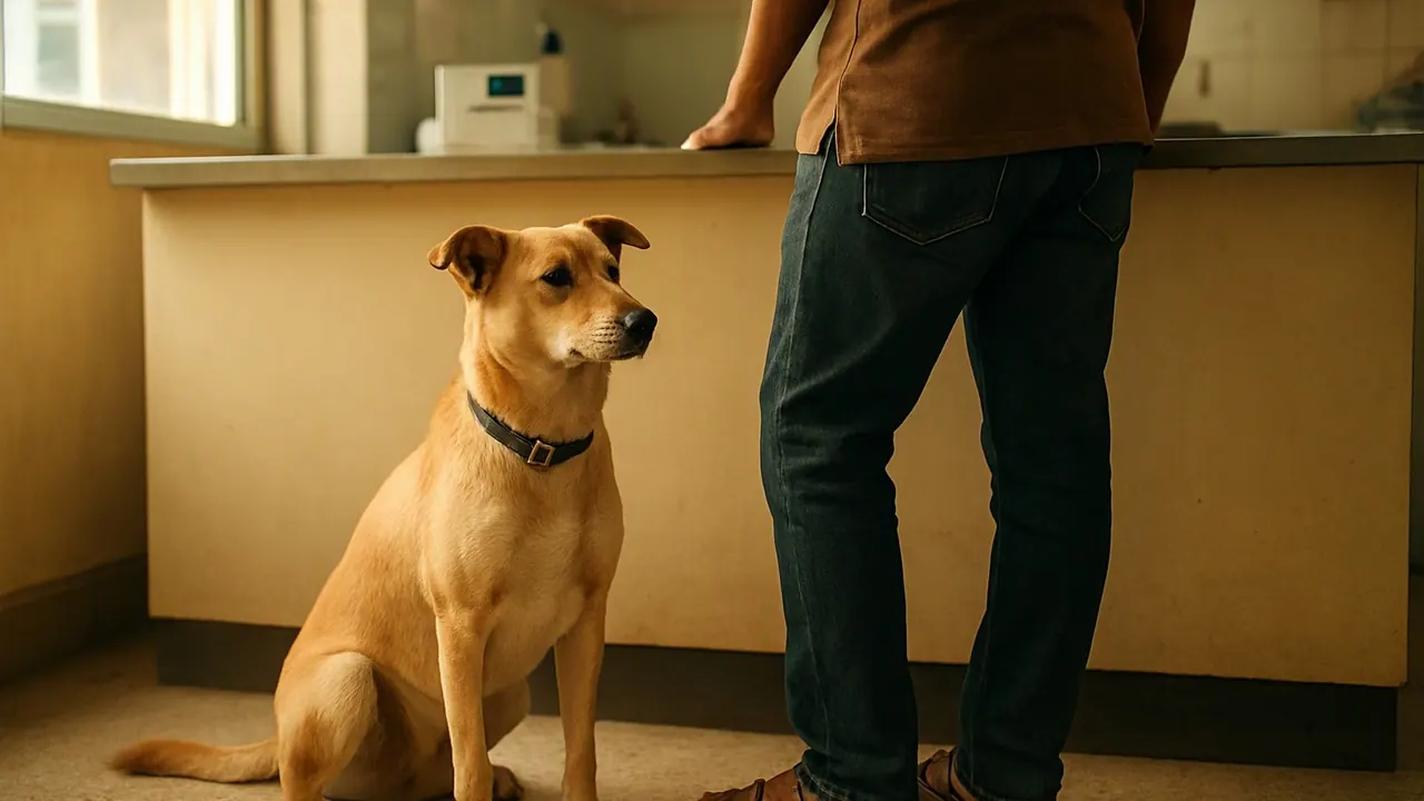 A calm indie dog sits beside its owner at a municipal vet clinic counter, part of dog registration in Chennai