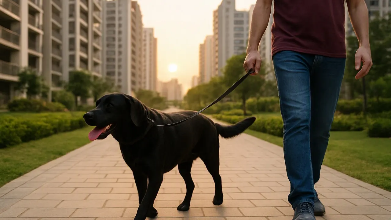 An owner walks a leashed Labrador between Gurgaon high-rises, where dog registration is now compulsory in the city