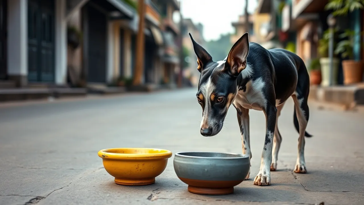 An Indian street dog sniffs a yellow and a grey bowl in a test of whether dogs can see colour