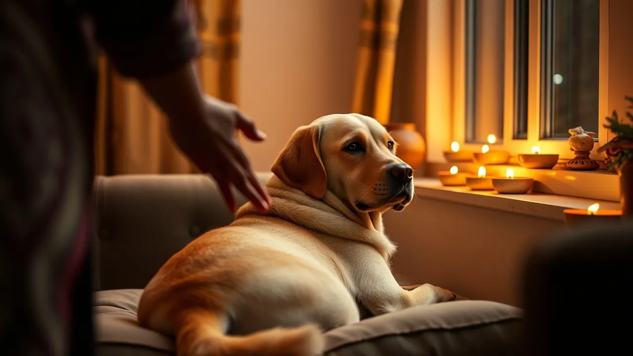 A calm Labrador rests indoors on a festival evening, as dog hearing makes firecracker noise hard to bear
