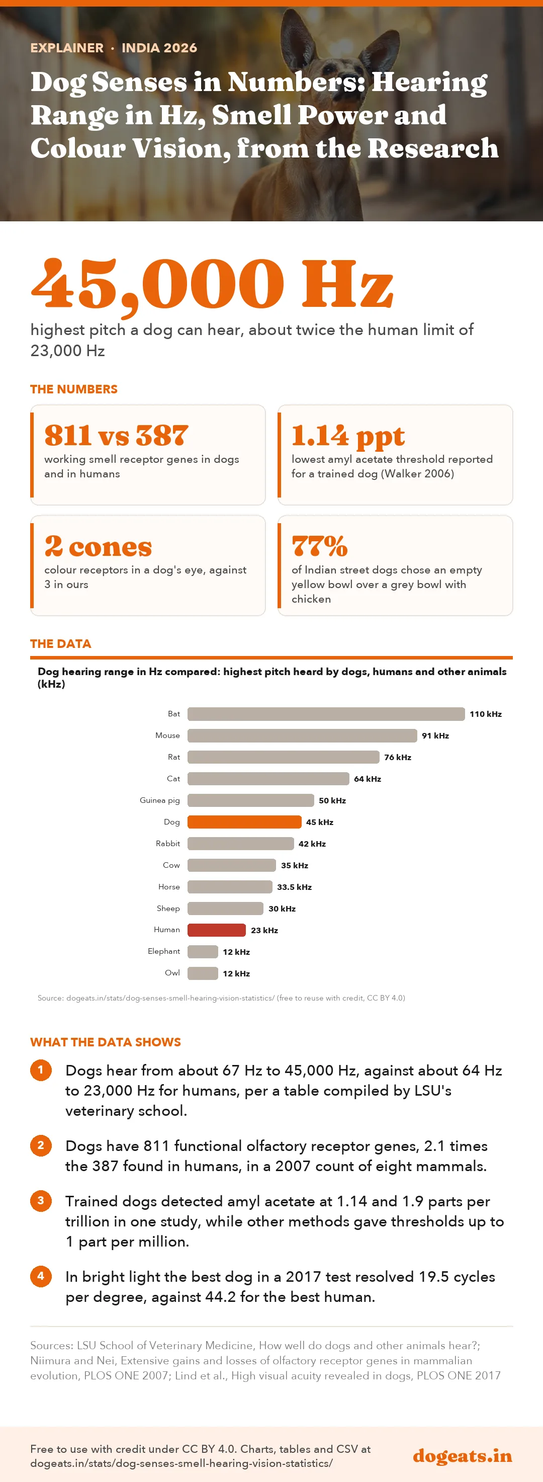 Infographic: Dog Senses in Numbers: Hearing Range in Hz, Smell Power and Colour Vision, from the Research