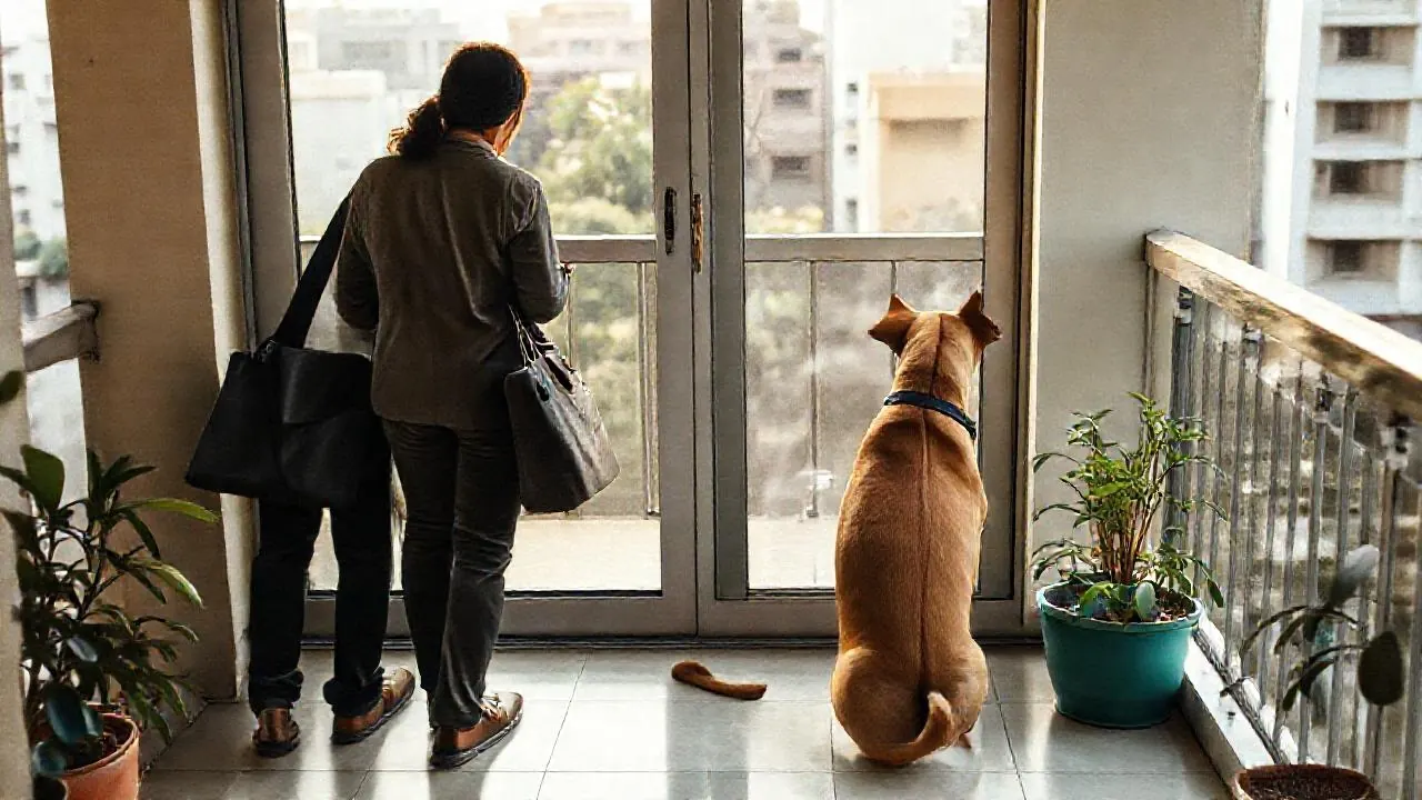 A working couple leaves for office as their Indian Pariah Dog waits calmly, a dog separation anxiety concern in India