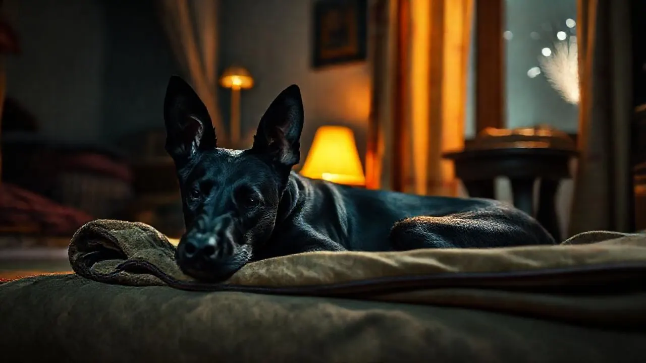 An Indian Pariah Dog rests in a quiet room on a festival night, where dog fear and anxiety statistics matter