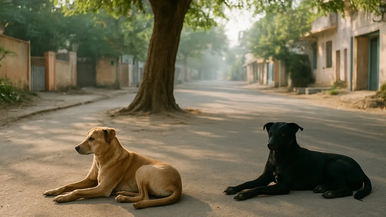 Two calm street dogs rest on a shaded Indian lane, part of the street dog population in dog statistics India