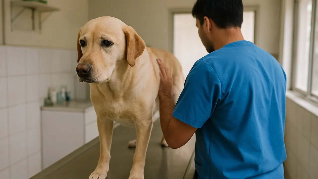 Vet examining a calm Labrador at an Indian clinic, illustrating vet numbers in dog statistics India