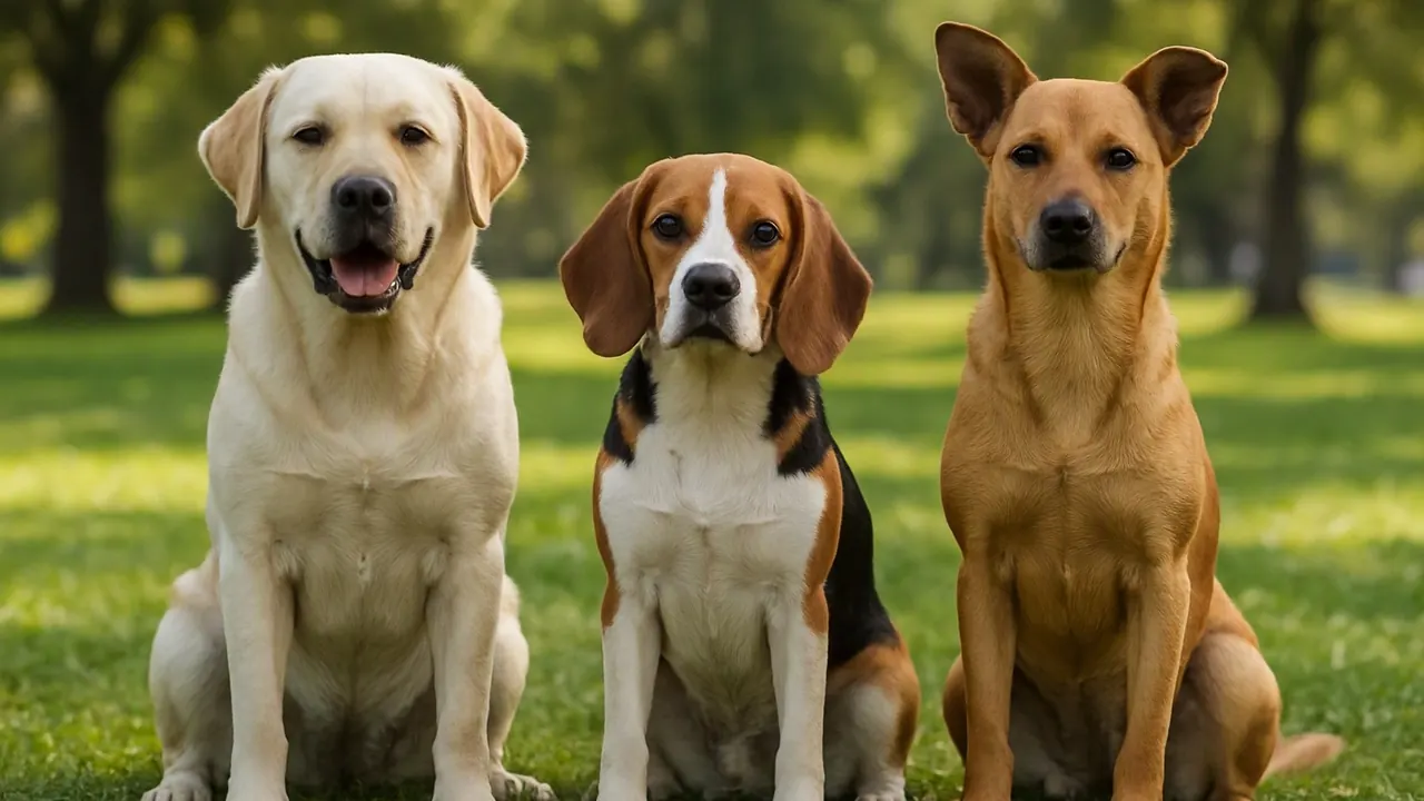 A Labrador, a Beagle and a mixed-breed dog sit together in a park, illustrating world dog statistics 2026