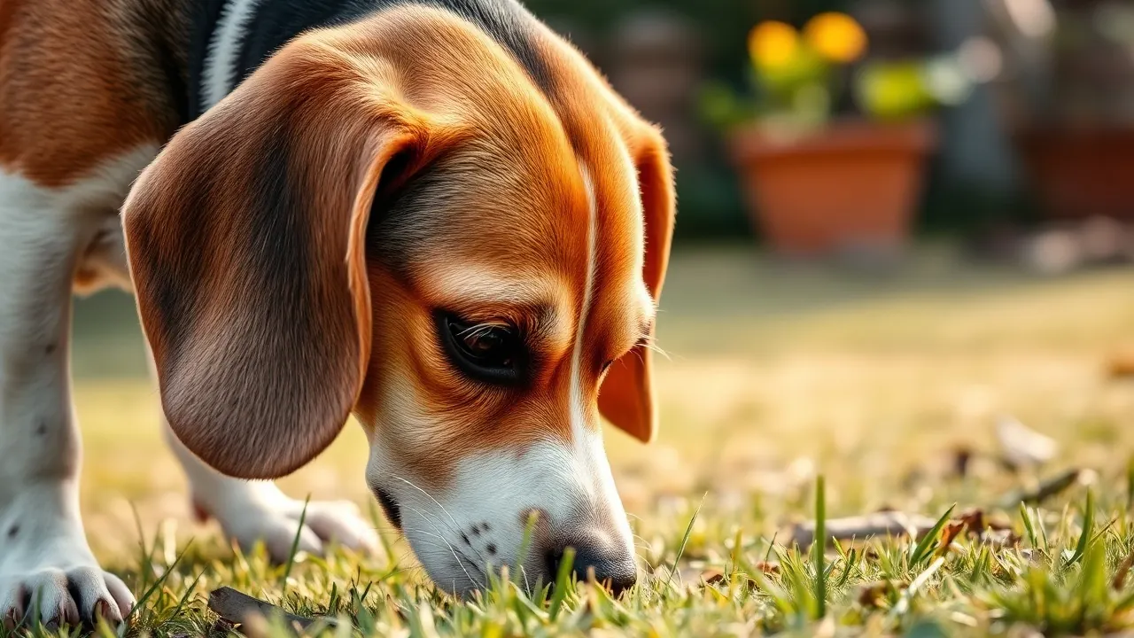 Beagle sniffing grass in a garden, showing the sense of smell covered in these dog statistics