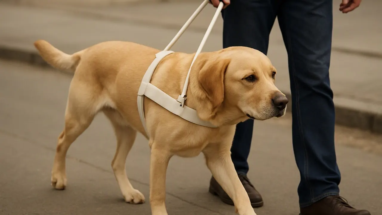Labrador guide dog in harness leading its owner on a city pavement, from working dog statistics 2026
