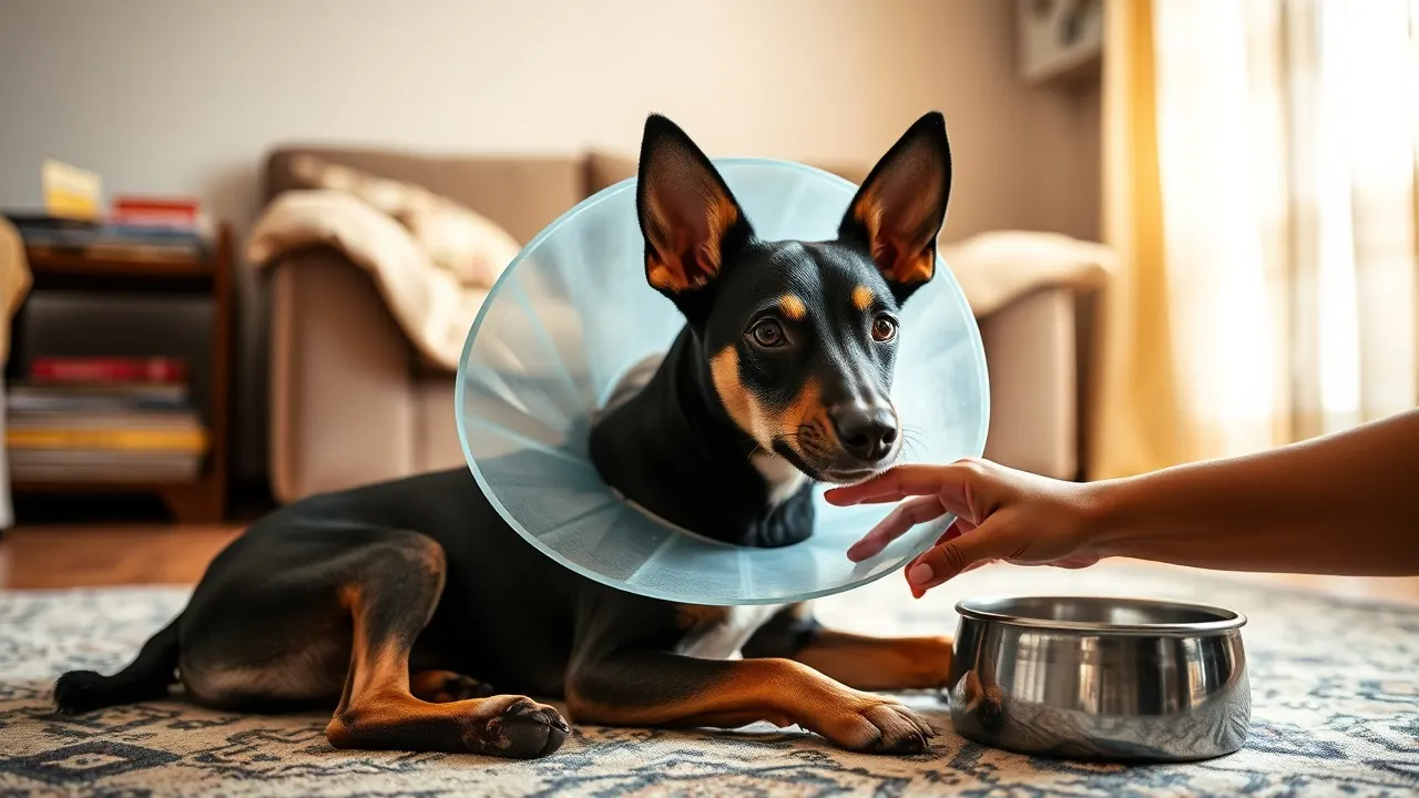 A young black and tan Indie dog in a blue recovery cone rests on a rug at home