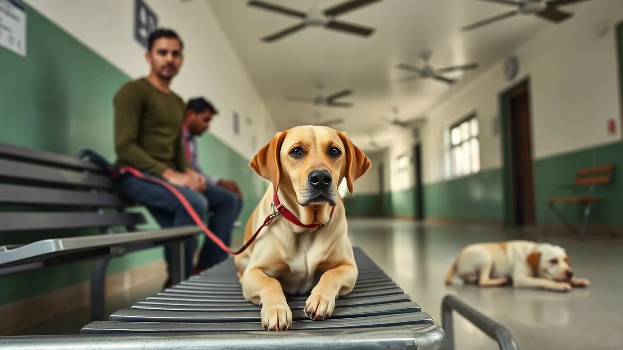 A Labrador and a cream Indie dog wait with their owners on a steel bench in a veterinary hospital corridor