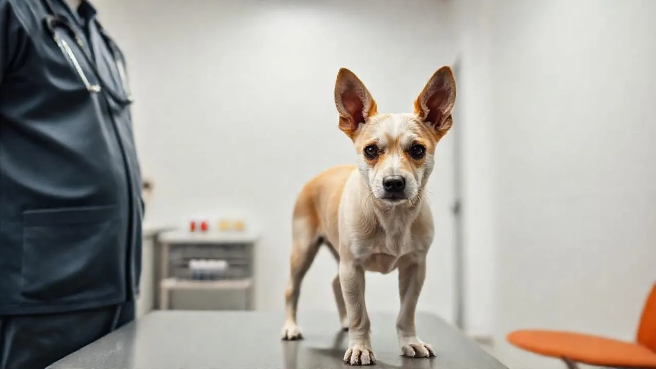 A cream Indie dog stands on a clinic exam table while a vet checks it with a stethoscope before surgery