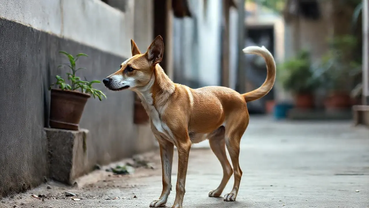 An Indian street dog with upright ears stands in a lane, its curved tail at mid-height in dog tail wagging