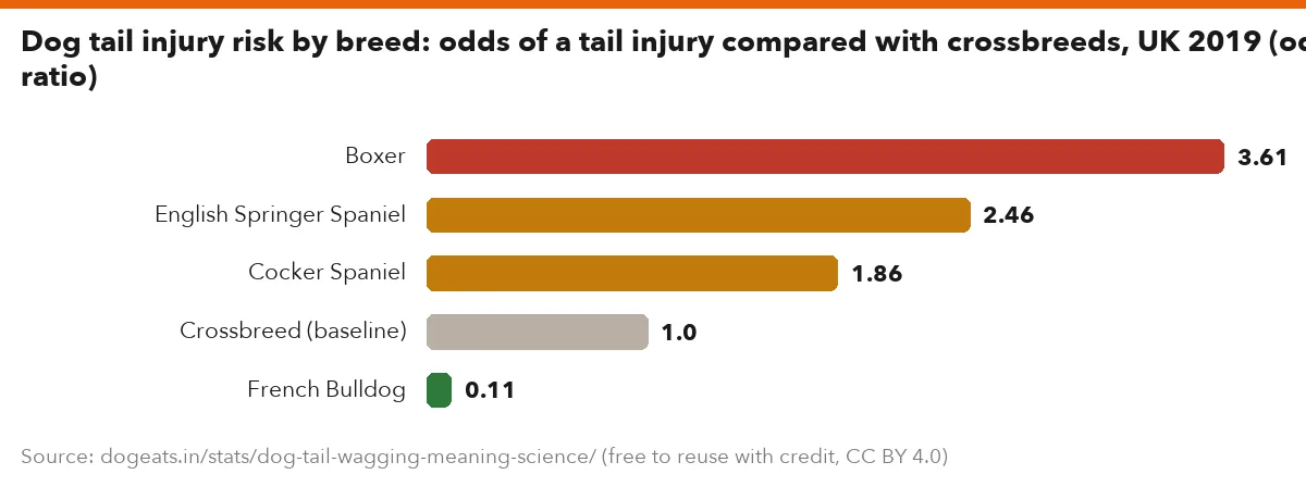 Dog tail injury risk by breed: odds of a tail injury compared with crossbreeds, UK 2019 (odds ratio)